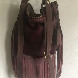 Fossil Maroon Leather Fringe Crossbody